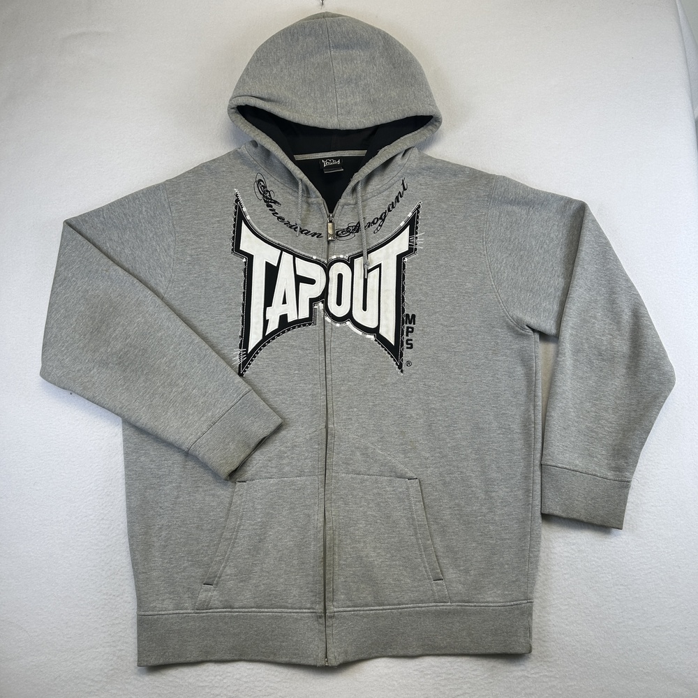 Tapout Hoodie Mens 2XL Gray Full Zip Fleece Sweatshirt American MMA Logo